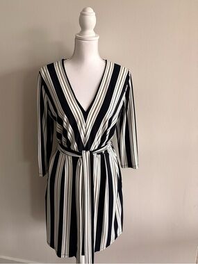 H&M Black and White Striped V-Neck Wrap Midi Dress
